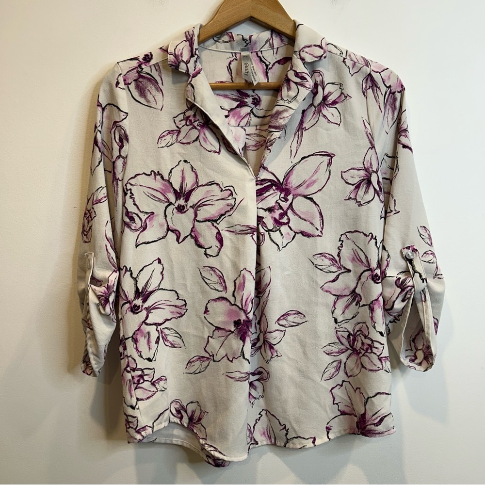 Guilty Sketch Floral Blouse Roll Tab Sleeves Off White Purple